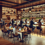 A cozy coffee shop interior with people working on laptops, paired with a stylish wine bar setting.