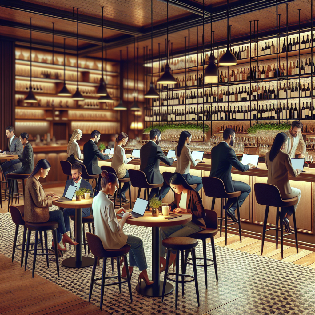 A cozy coffee shop interior with people working on laptops, paired with a stylish wine bar setting.