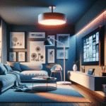 A cozy modern living room with a stylish, energy-efficient heat lamp and digital elements like NFT artwork displayed on a screen.