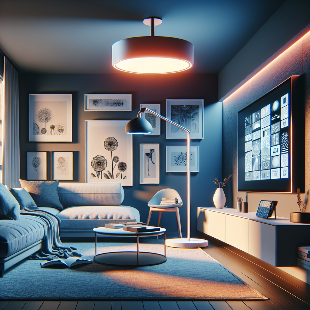 A cozy modern living room with a stylish, energy-efficient heat lamp and digital elements like NFT artwork displayed on a screen.