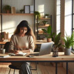 Moderne hjemmekontor med naturlig lys, en person som jobber ved et ryddig skrivebord med laptop, kaffekopp, notatbok og grønne planter, varm og innbydende stemning