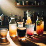 Et stemningsfullt kjøkkenbord med ulike drikker: glass med cold brew, en kopp kaffe med crema, en fargerik alkoholfri cocktail og en liten glassburk med kombucha, naturlig lys