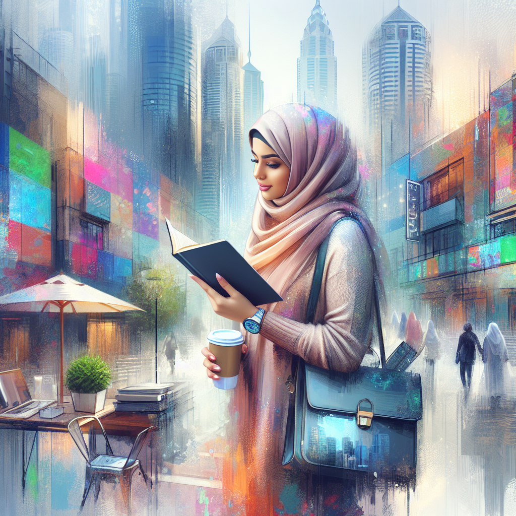 Et lyst, inspirerende bilde av en person som utforsker en bygate med notatblokk, myke farger, moderne urban stemning og subtile elementer som en bok, kopp kaffe og smartphone