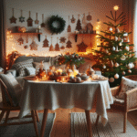 Koselig stue pyntet til jul med naturlig dekor, varmt LED-lys, hjemmelaget pynt og en innbydende juleduk på bordet, nordisk stil