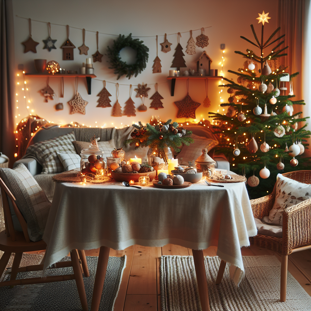 Koselig stue pyntet til jul med naturlig dekor, varmt LED-lys, hjemmelaget pynt og en innbydende juleduk på bordet, nordisk stil