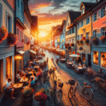 Fargerikt gatebilde fra en sjarmerende liten europeisk by ved solnedgang, brosteinsgater, uteserveringer og sykler, varm og innbydende stemning