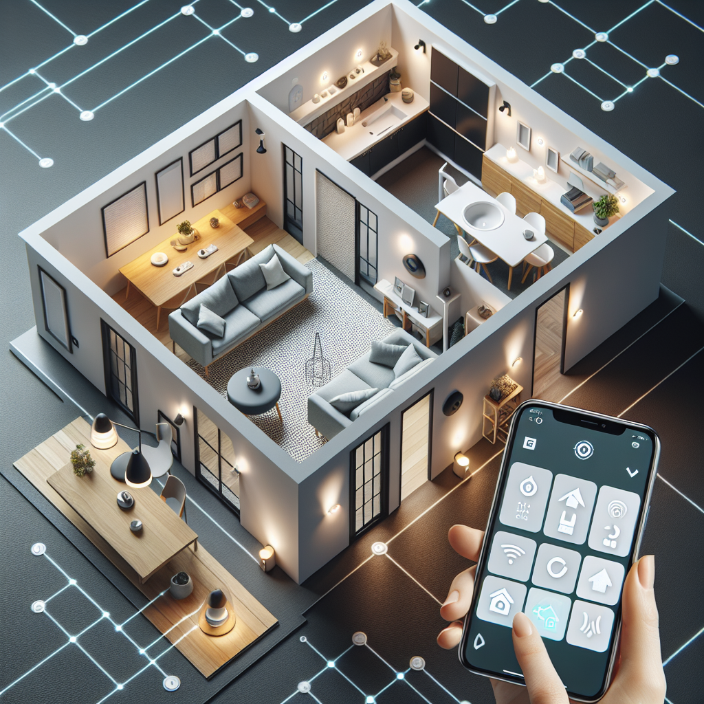 Oversiktsbilde av et moderne nordisk hjem med smartbelysning, varme- og sikkerhetssensorer, og et stilrent grensesnitt på en mobilskjerm som viser kontrollpanel